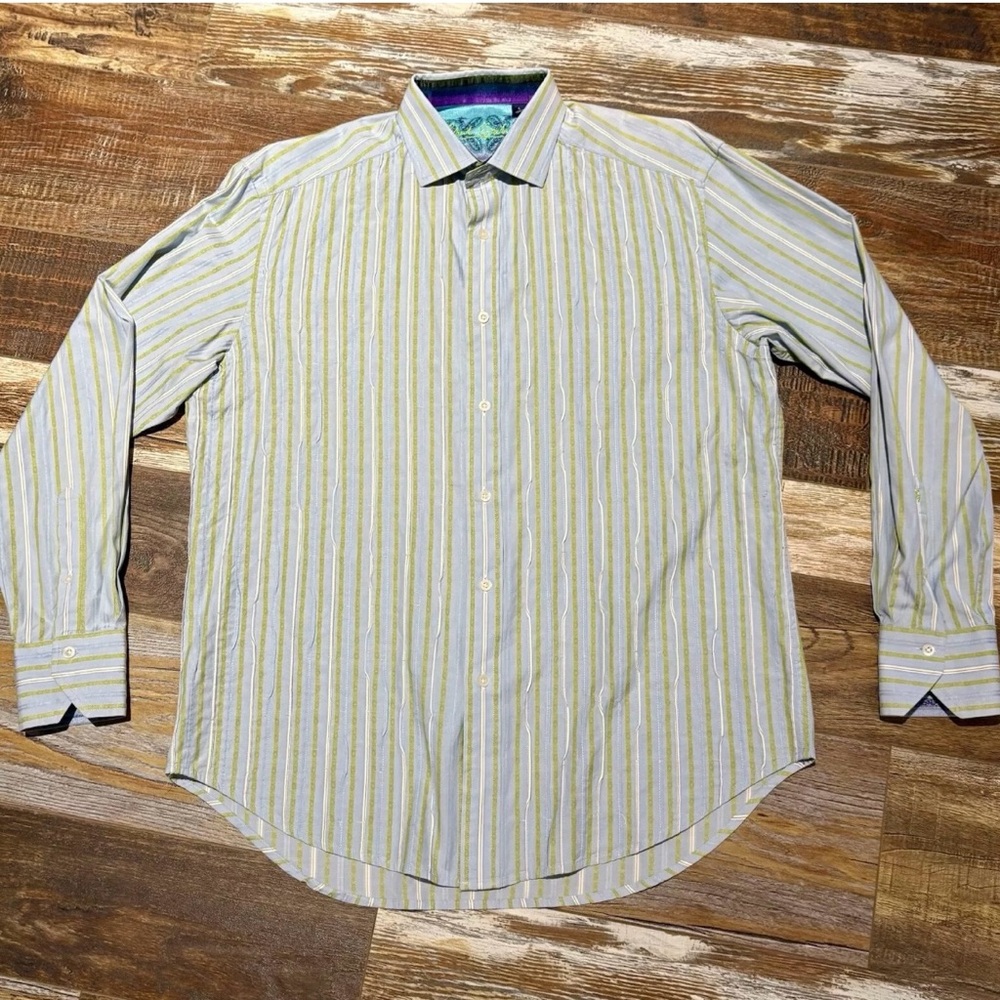Robert Graham Shirt Mens Large Blue Green Flip Cuff Striped Button Up